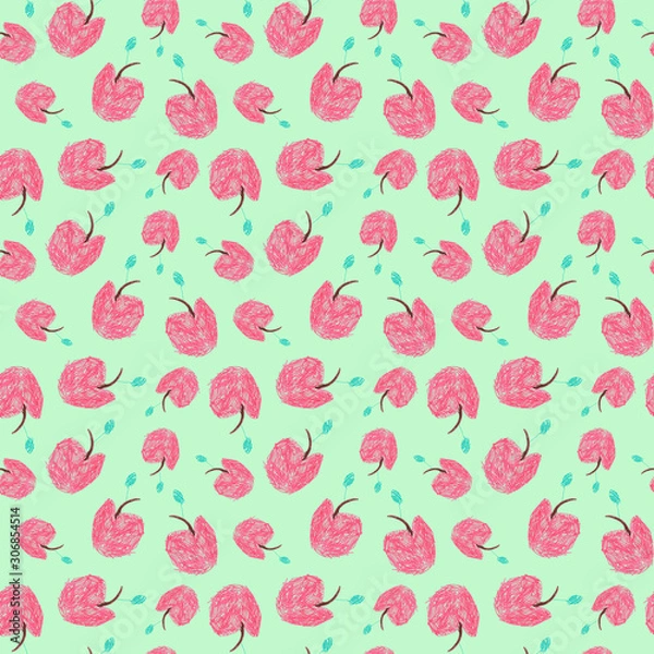 Fototapeta Children's drawing style, red apples seamless pattern on a green background. Design for fabric, wallpaper, baby room, packaging, paper, print. Color design.