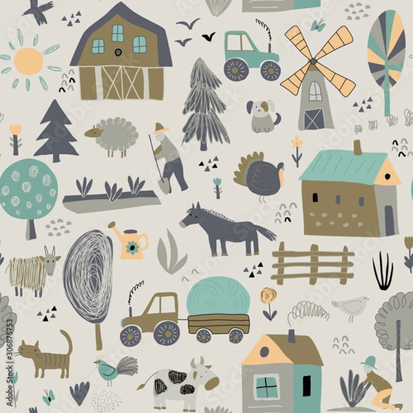 Fototapeta Vector seamless pattern with cute hand drawn farm animals, trees, houses, tractor, mill.