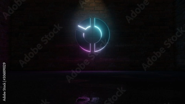 Fototapeta 3D rendering of blue violet neon symbol of pie chart icon on brick wall