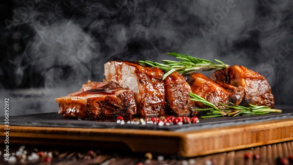 Obraz American food concept. Grilled pork ribs with grilled sauce, with smoke, spices and rosemary. Background image. copy space