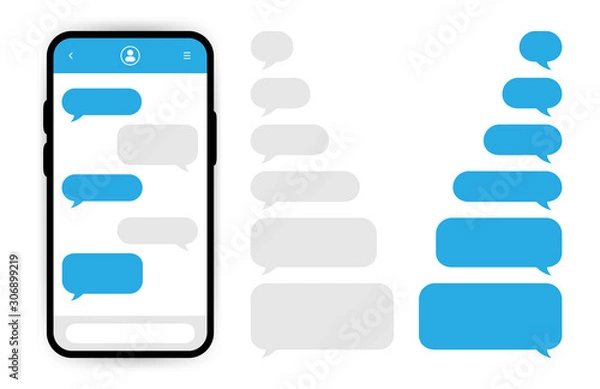 Fototapeta Big set smartphone with social network chat and blue speech bubbles on white background. Vector illustration.