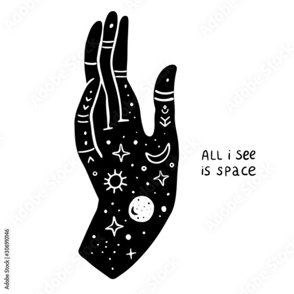 Fototapeta Vector black mystic hands mudra esoteric with the phrase.  Illustration for a wall art design, poster, greeting card, printing. Aztec stile, tribal art, ethnic, design isolated on white background.