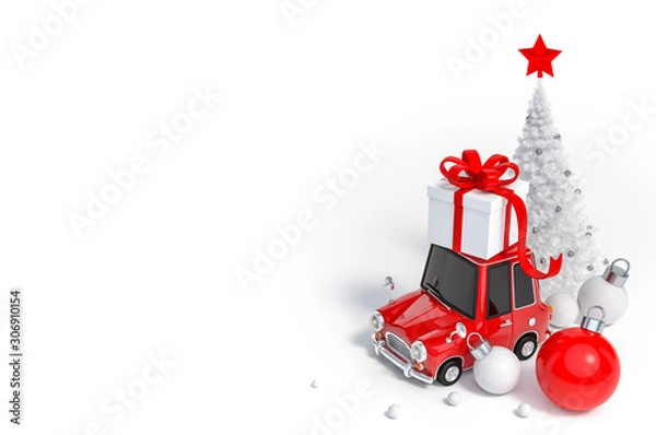 Fototapeta Gift box and christmas tree put on the red mini car and christmas ball Ornaments on white background 3d rendering. 3d illustration minimal style, celebration christmas and happy new year sale concept