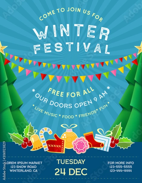 Fototapeta Poster for winter festival with invitational text and celebration attributes.