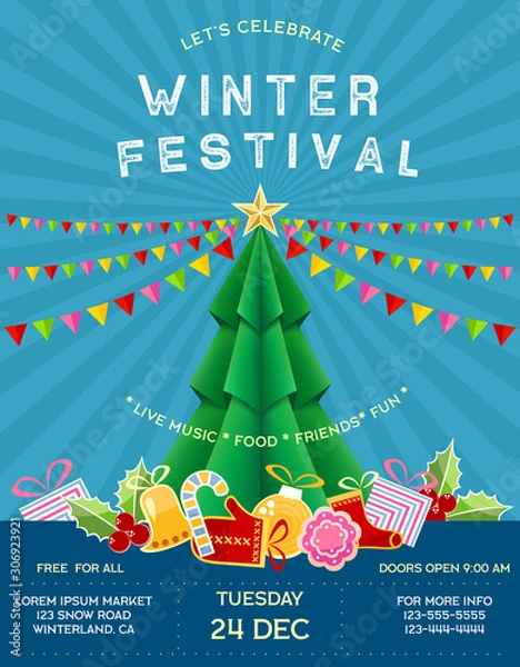 Fototapeta Poster for winter festival with invitational text and abstract celebration attributes.