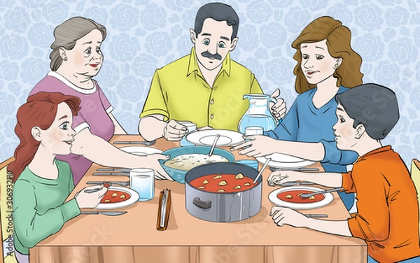 Obraz Family at dinner. Nice meals on the table. A happy family.