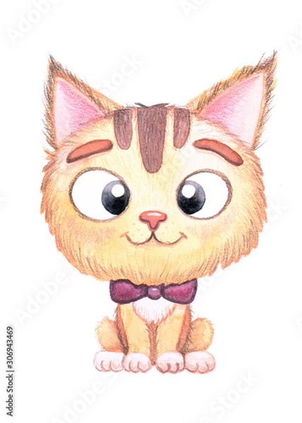 Fototapeta Cute cartoon cat with a bow with a big head and cute eyes on a white background
