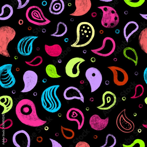 Fototapeta Abstract seamless background with a paisley ornament on a black background with neon colors
