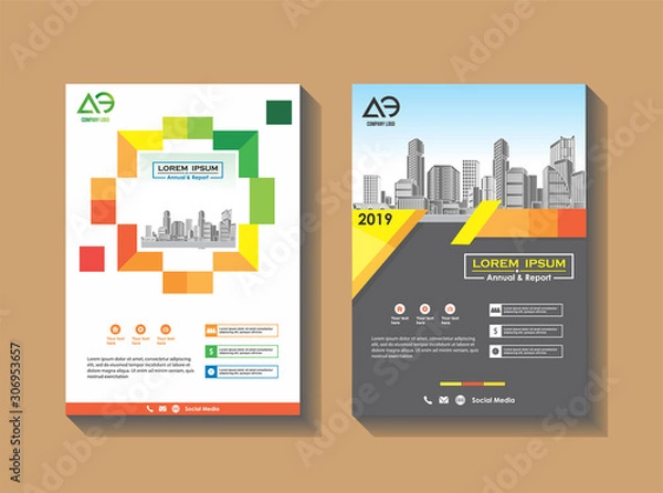 Fototapeta Vector Business brochure, flyers design template, company profile, magazine, poster, annual report, book & booklet cover, with green wavy line, and cityscape vector in background elements, size a4.