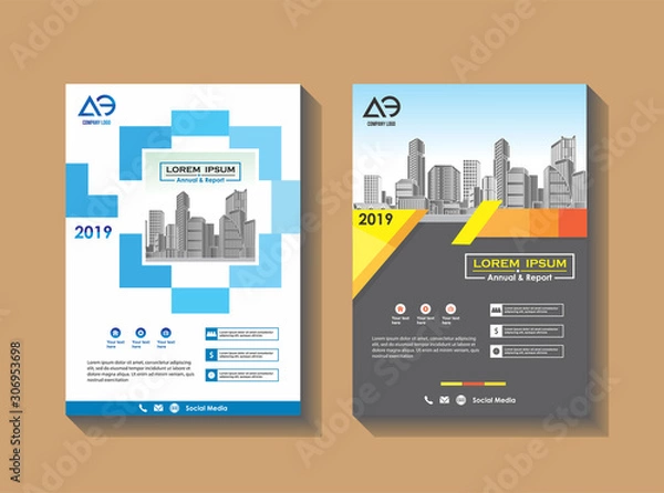 Fototapeta Vector Business brochure, flyers design template, company profile, magazine, poster, annual report, book & booklet cover, with green wavy line, and cityscape vector in background elements, size a4.