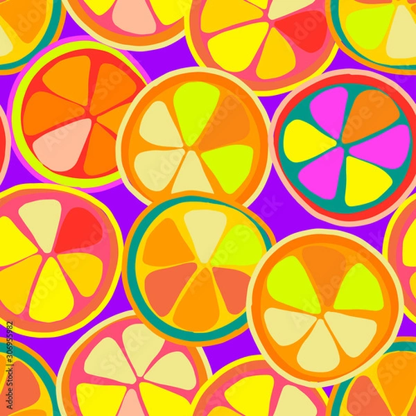 Fototapeta Modern seamless stylized design with citrus in pop-art style. Can be used for printing on paper, packaging, decorations, cards, textiles. 