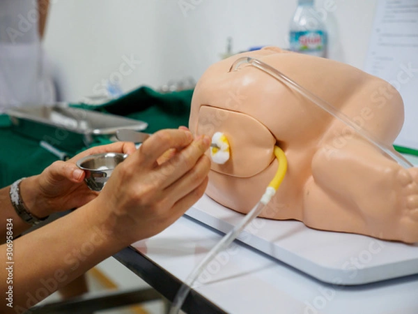 Fototapeta Closeup detail of a physician practicing a spinal block, a form of regional anesthesia, on training dummy. Healthcare and surgery concept.
