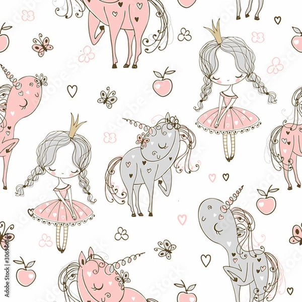 Fototapeta Seamless pattern with little princesses and unicorns. Vector