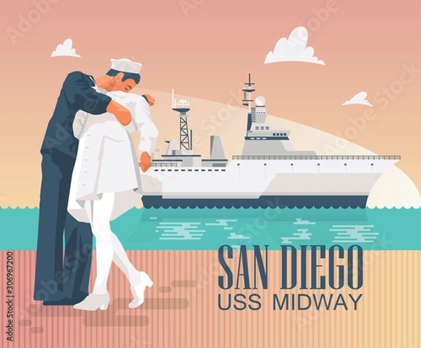 Obraz Uss Midway Poster with ship and kissing statues. Colorful design in modern flat style.