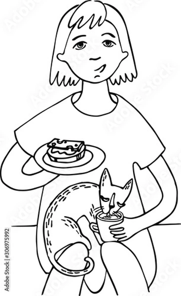 Obraz A cat sits on the girl’s. In one hand the girl holds a sandwich in the other mug.  The girl is very passionate about something and does not see that the cat is drinking from her mug.