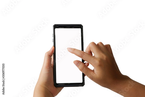 Obraz Hand pressing the phone white background
