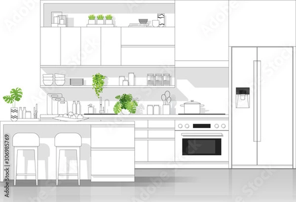 Fototapeta Interior design with modern kitchen in black line sketch on white background , vector , illustration