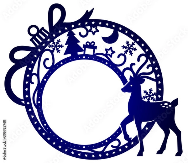 Fototapeta Laser cutting template. Christmas ball with a deer in winter magic forest. Silhouette. Christmas design for photo frame. Decor for home. Vector illustration for wood carving, paper cut or printing.