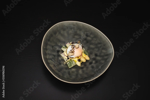 Obraz Fine dining poached egg with white asparagus, truffles and béarnaise sauce