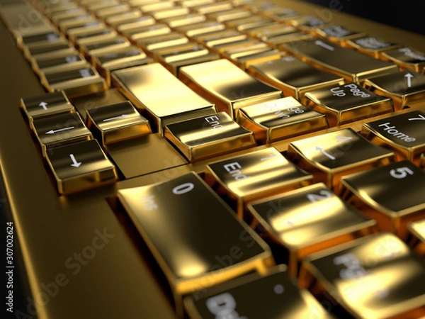 Fototapeta Close-up on a golden keyboard with black background, with depth of field