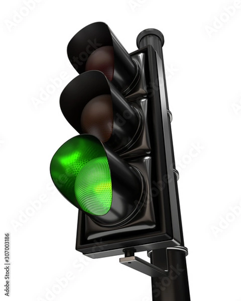 Fototapeta Close-up on a traffic light, the green light is on, isolated on white background