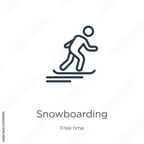 Fototapeta Snowboarding icon. Thin linear snowboarding outline icon isolated on white background from free time collection. Line vector snowboarding sign, symbol for web and mobile