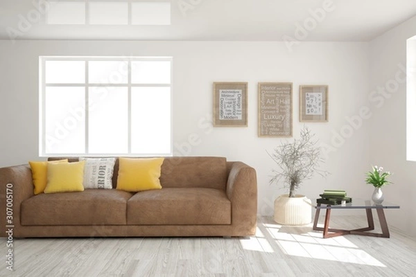 Fototapeta Stylish room in white color with sofa. Scandinavian interior design. 3D illustration