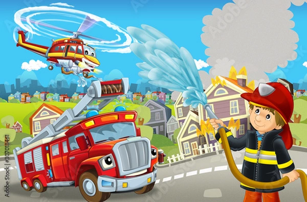 Fototapeta cartoon stage with different machines for firefighting colorful and cheerful scene with fireman - illustration for children