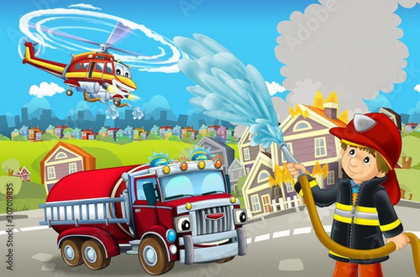 Fototapeta cartoon stage with different machines for firefighting colorful and cheerful scene with fireman - illustration for children