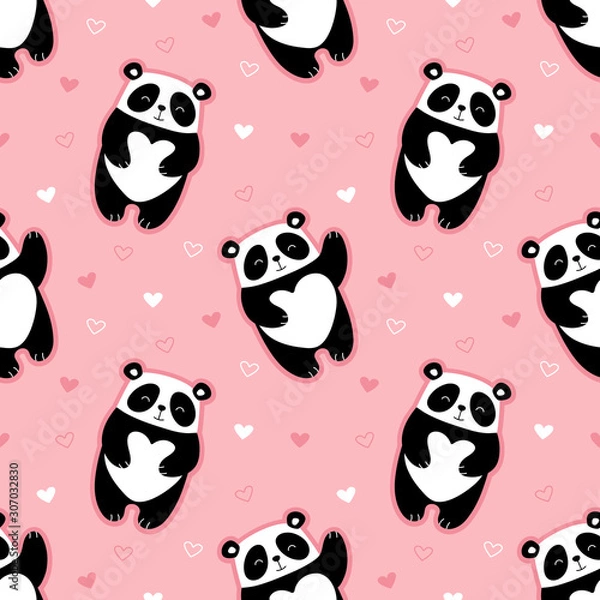 Obraz Cute pandas seamless pattern, hearts, valentines day. Print for textile, fabric, wallpaper, paper. Vector illustration for children.