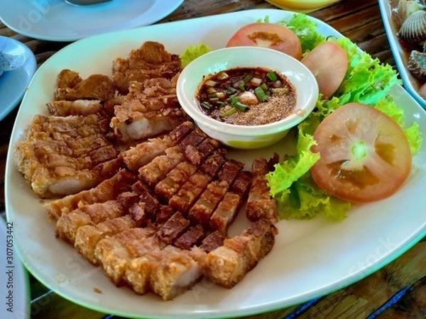Fototapeta Fried Pork Belly with Fish Sauce
