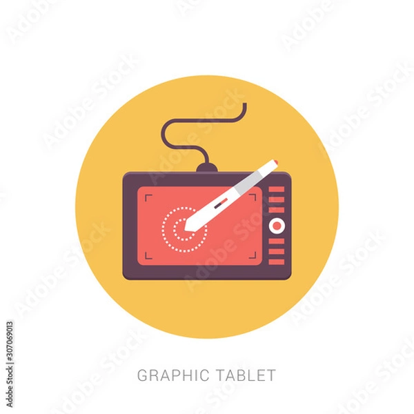 Fototapeta Graphic tablet in a flat style. Digital drawing. Web design. Graphics.