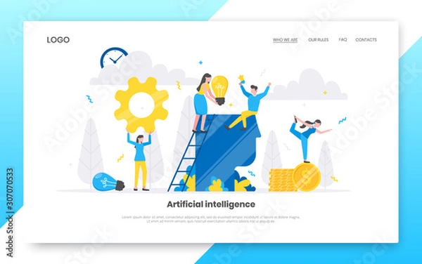 Fototapeta Business internet landing page concept template. Creative business people with tiny characters working together with big head and light bulb. Teamwork and time management concept vector illustration.