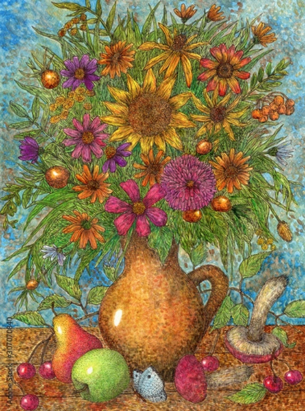 Obraz  Bouquet of flowers in a vase. Still life. Watercolor and ink painting. Illustration for the decor and design of posters, postcards, prints, stickers, invitations, textiles and stationery.