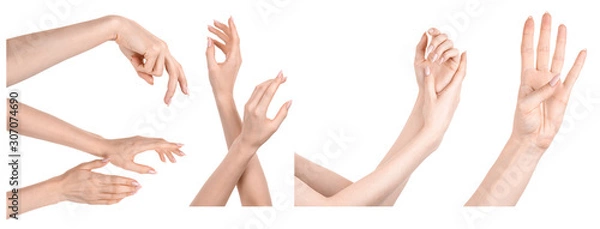 Fototapeta Multiple images set female caucasian hands isolated white background showing different gestures. Collage of hands of a girl with manicure 
