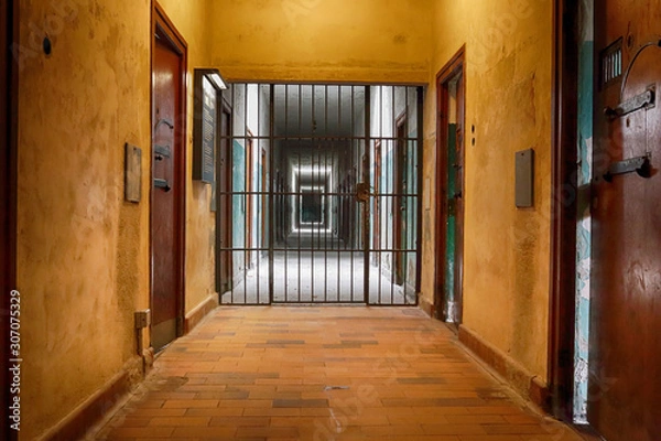 Obraz Prison corridor with grating oppressive