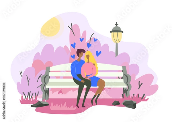 Fototapeta Vector Illustration for Valentine's day. Woman and man are siting together on bench in park under lantern. Couple has a date in a beautiful park at the day. 