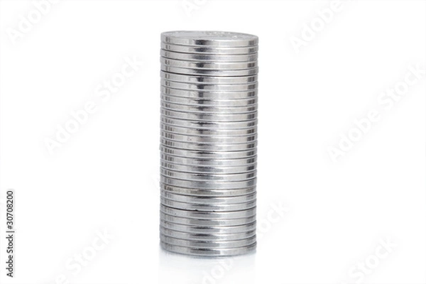 Fototapeta silver coin stack isolated on white