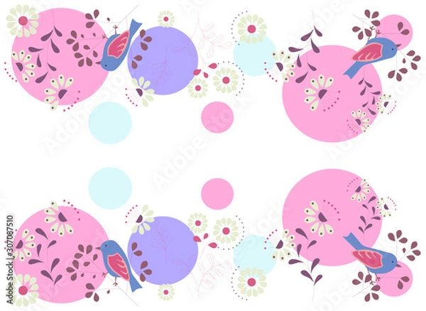 Fototapeta abstract simple background with flowers and birds and color circles, vector illustration