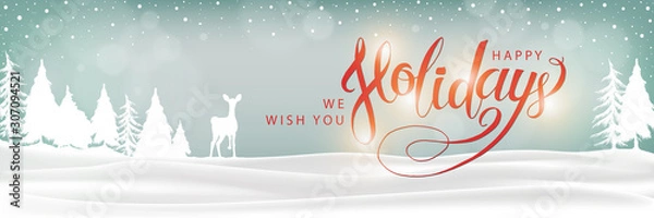 Obraz Happy Holidays Winter Landscape Background. Christmas lettering banner. XMas Greeting Card