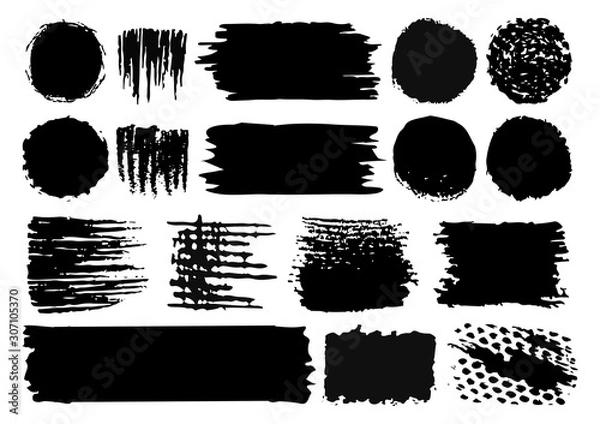 Fototapeta Vector set of hand drawn paint brush strokes and stains isolated on white backdrop.
