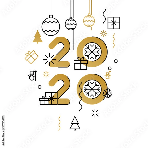 Fototapeta Happy New Year 2020 greeting card. Vector illustration in a flat style for greeting cards, banner, invitations, posters and website. - Vector