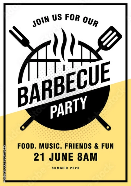Fototapeta Lovely vector barbecue party invitation design template. Trendy BBQ cookout poster design with classic charcoal grill, fork, cooking paddle and sample text.