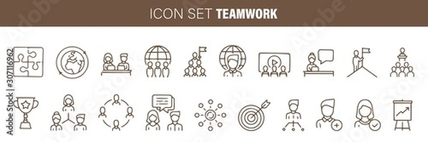 Fototapeta team and business silhouette icons flat line design vector set. teamwork