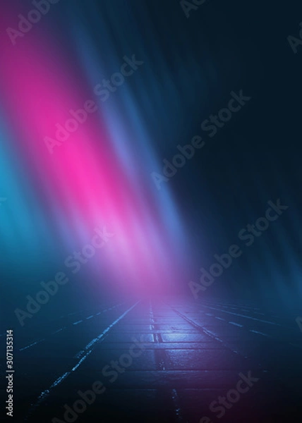Obraz Empty background scene. Dark street reflection on wet asphalt. Rays of neon light in the dark, neon figures, smoke. Background of empty stage show. Abstract dark background.