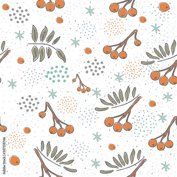 Fototapeta Seamless Pattern with Cute rowan on cute background. Scandinavian Style.