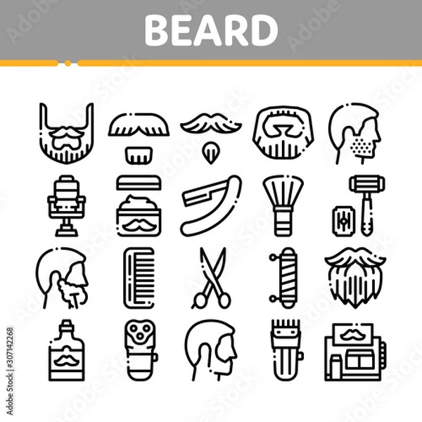 Fototapeta Beard And Mustache Collection Icons Set Vector Thin Line. Man Silhouette Shave Beard By Razor, Scissors And Electronic Device Concept Linear Pictograms. Monochrome Contour Illustrations