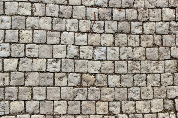 Fototapeta An old stoneblock pavement cobbled with white square stone blocks
