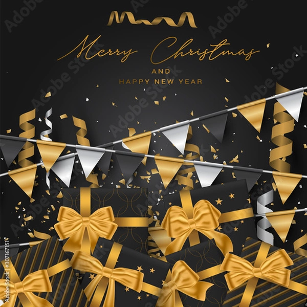 Obraz Christmas banner or poster background. Xmas celebration black luxury design. Winter holiday concept swith confetti and bunting flags. Realistic vector illustration.