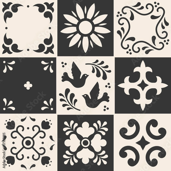 Fototapeta Mexican talavera pattern. Ceramic tiles in traditional style from Puebla. Mexico floral mosaic in blue and white. Folk art design.